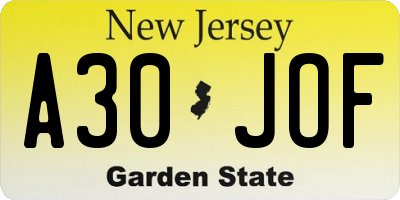 NJ license plate A30JOF