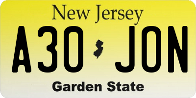 NJ license plate A30JON