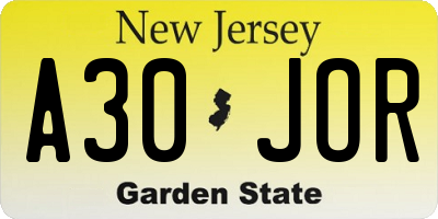 NJ license plate A30JOR