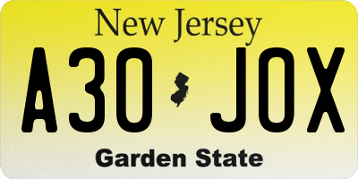 NJ license plate A30JOX