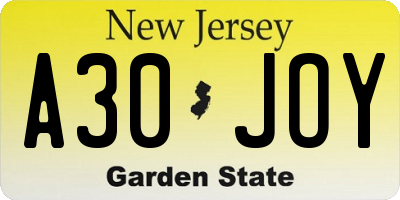NJ license plate A30JOY