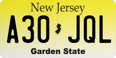 NJ license plate A30JQL