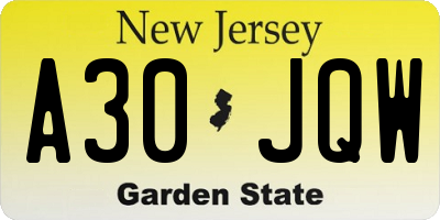 NJ license plate A30JQW