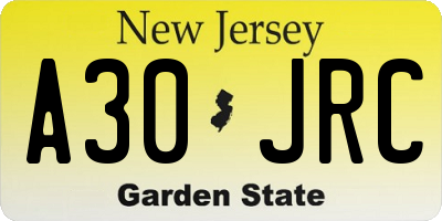 NJ license plate A30JRC