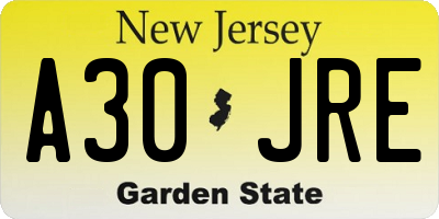 NJ license plate A30JRE