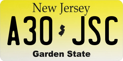 NJ license plate A30JSC
