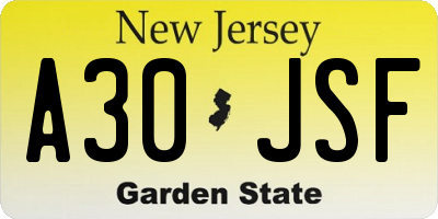 NJ license plate A30JSF