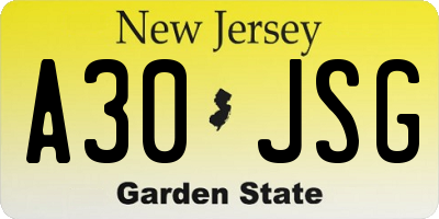 NJ license plate A30JSG