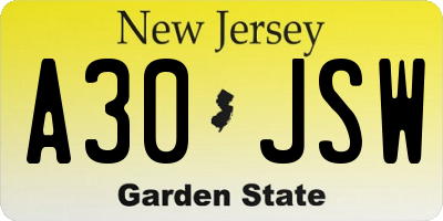 NJ license plate A30JSW