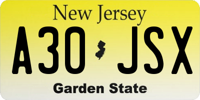 NJ license plate A30JSX