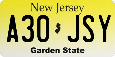 NJ license plate A30JSY