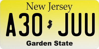 NJ license plate A30JUU
