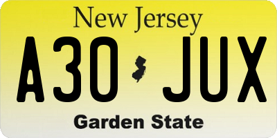 NJ license plate A30JUX
