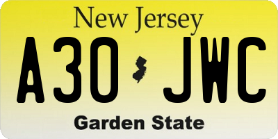 NJ license plate A30JWC