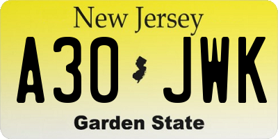 NJ license plate A30JWK