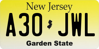 NJ license plate A30JWL