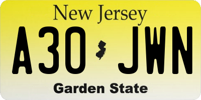 NJ license plate A30JWN
