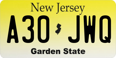 NJ license plate A30JWQ