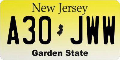 NJ license plate A30JWW