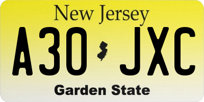 NJ license plate A30JXC