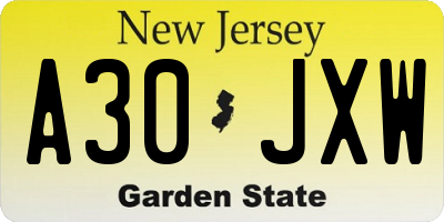 NJ license plate A30JXW