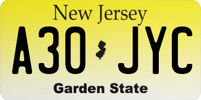 NJ license plate A30JYC