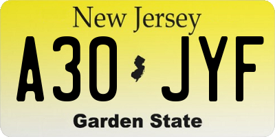 NJ license plate A30JYF
