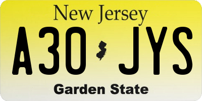 NJ license plate A30JYS