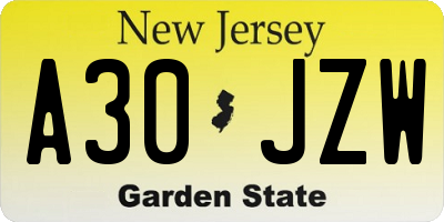 NJ license plate A30JZW