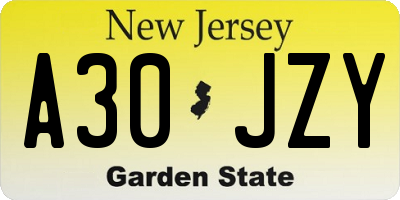 NJ license plate A30JZY