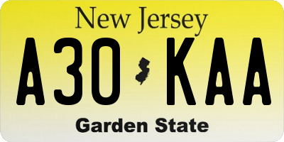 NJ license plate A30KAA