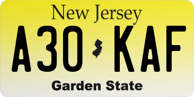 NJ license plate A30KAF