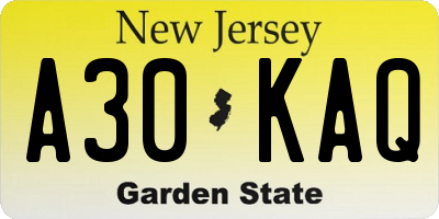 NJ license plate A30KAQ