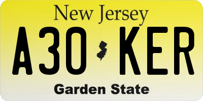 NJ license plate A30KER