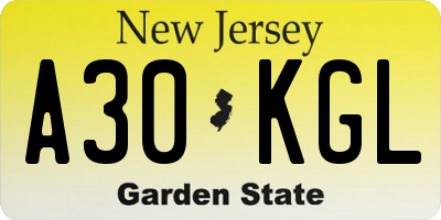 NJ license plate A30KGL