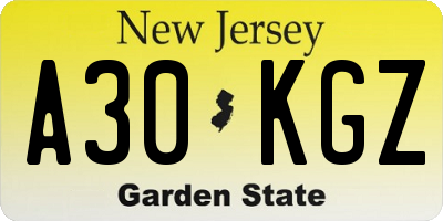 NJ license plate A30KGZ