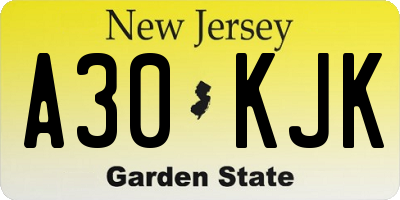 NJ license plate A30KJK