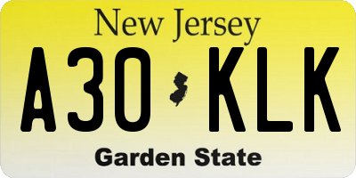 NJ license plate A30KLK