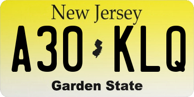 NJ license plate A30KLQ