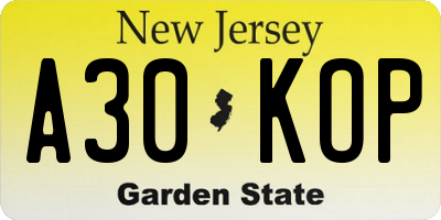 NJ license plate A30KOP