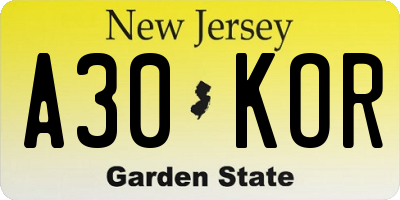 NJ license plate A30KOR