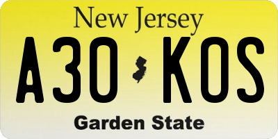 NJ license plate A30KOS