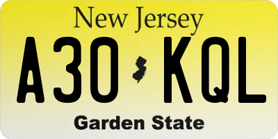 NJ license plate A30KQL
