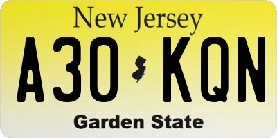 NJ license plate A30KQN