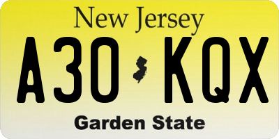 NJ license plate A30KQX