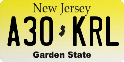 NJ license plate A30KRL