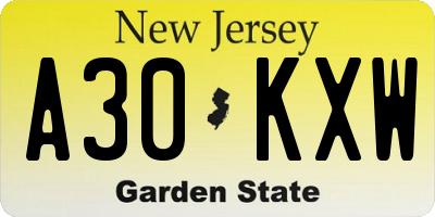 NJ license plate A30KXW