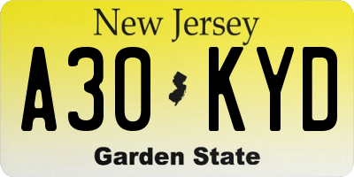 NJ license plate A30KYD