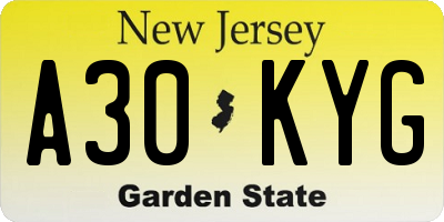 NJ license plate A30KYG