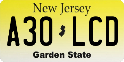 NJ license plate A30LCD